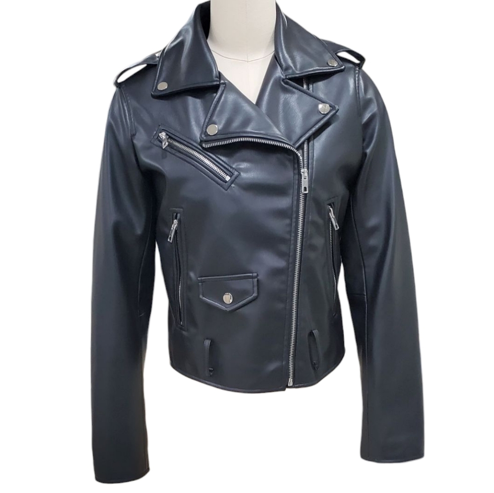Zara faux leather moto jacket women's small black zip pockets and cuffs Vegan